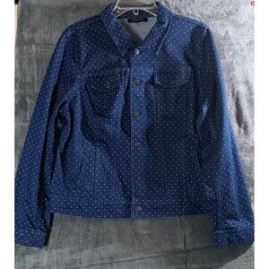 Talbots Womens Large Button Up Denim Jean Jacket Navy Blue White Dots